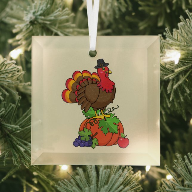 Cute Turkey with Harvest Thanksgiving Glass Tree Decoration (Insitu)