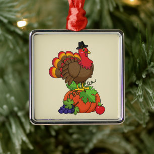 Cute Turkey with Harvest Thanksgiving Metal Tree Decoration