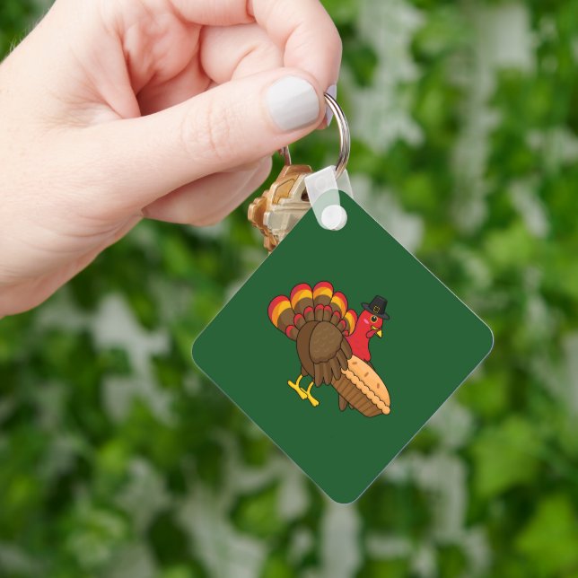 Cute Turkey with Pumpkin Pie Thanksgiving Key Ring (Hand)