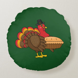 Cute Turkey with Pumpkin Pie Thanksgiving Round Cushion