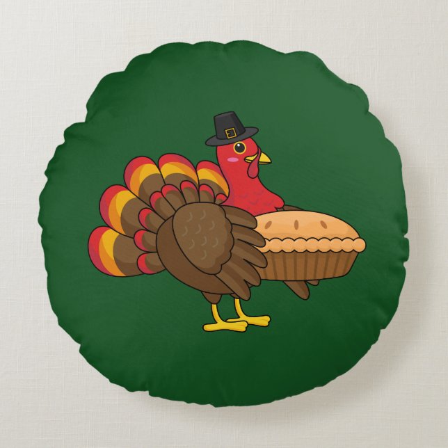 Cute Turkey with Pumpkin Pie Thanksgiving Round Cushion (Front)