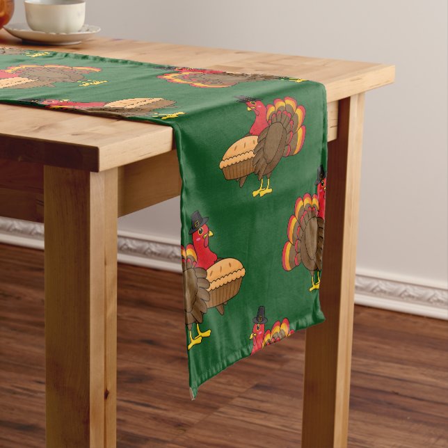 Cute Turkey with Pumpkin Pie Thanksgiving Short Table Runner (In Situ)