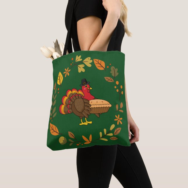 Cute Turkey with Pumpkin Pie Thanksgiving Tote Bag (Close Up)