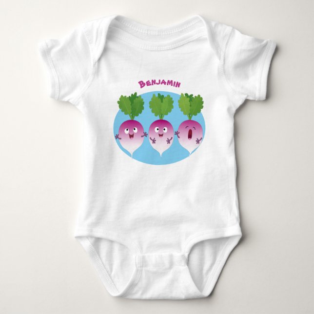 Cute turnip vegetable trio singing cartoon baby bodysuit (Front)