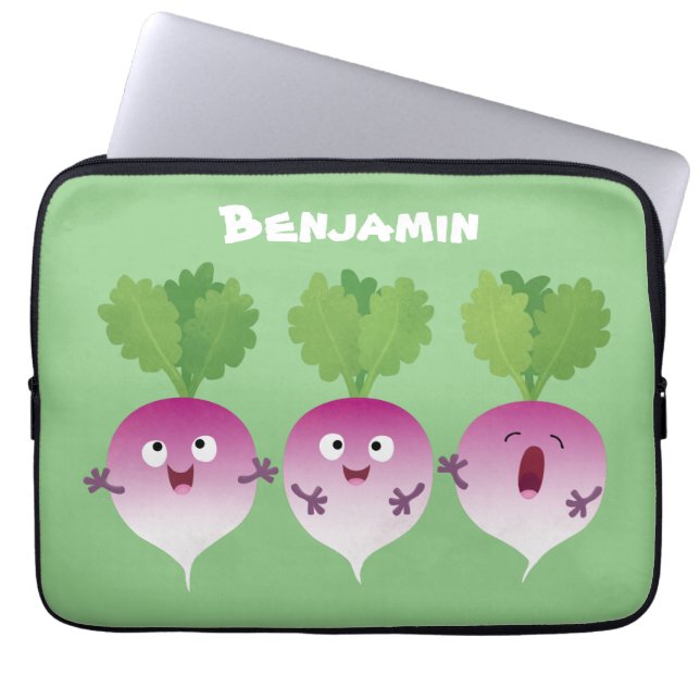 Cute turnip vegetable trio singing cartoon laptop sleeve (Front)