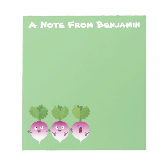 Cute turnip vegetable trio singing cartoon  notepad (Front)