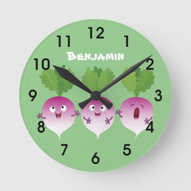 Cute turnip vegetable trio singing cartoon round clock (Front)