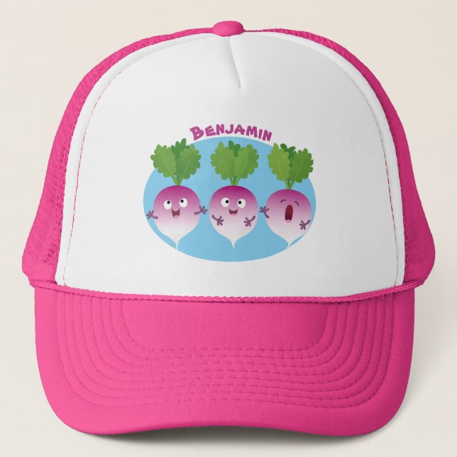 Cute turnip vegetable trio singing cartoon  trucker hat (Front)