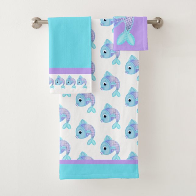 Cute Turquoise and Purple Fish Bath Towel Set (Insitu)