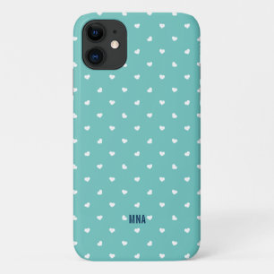 Cute Turquoise and White Hearts Pattern Monogram Case-Mate iPhone Case