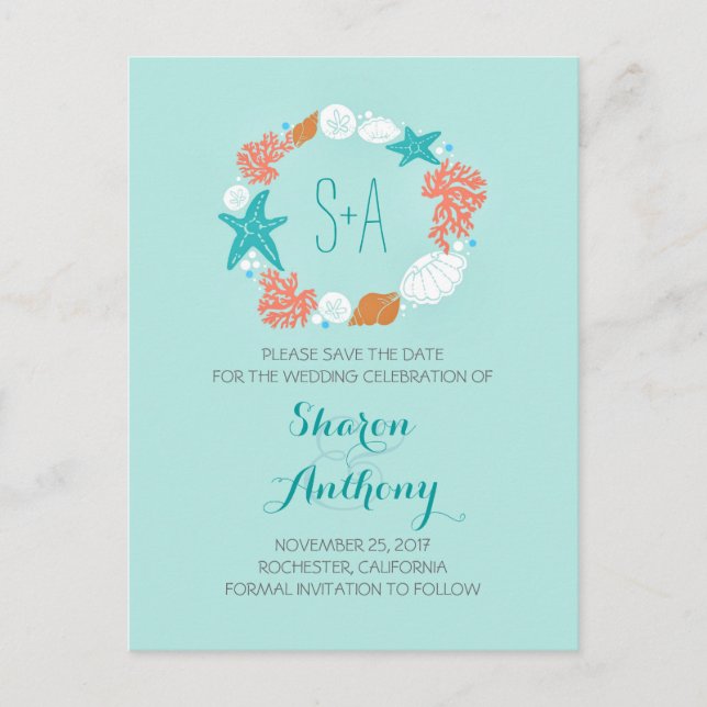 Cute turquoise beach wedding save the date announcement postcard (Front)
