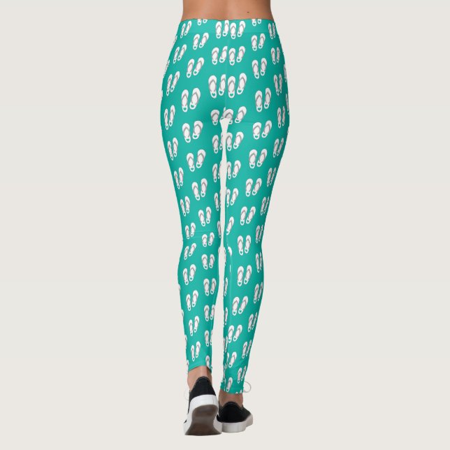 Cute turquoise blue beach flip flops pattern leggings (Back)