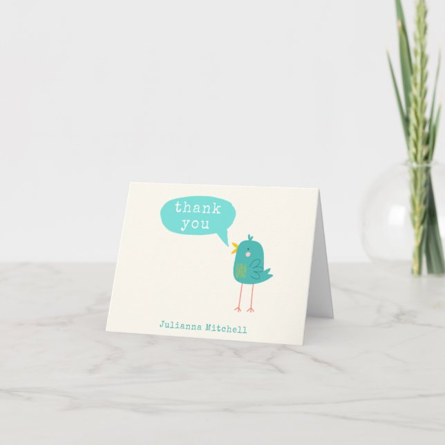 Cute Turquoise Blue Bird Name Personalised Thank You Card (Front)