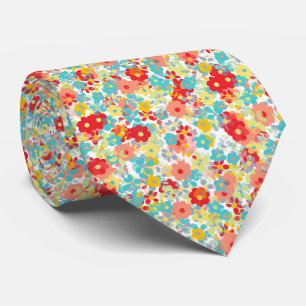 Cute Turquoise Blue Yellow Red Summer Floral Tie