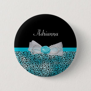 Cute Turquoise Cheetah Print Frilly Bow and Name 6 Cm Round Badge