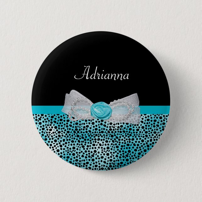 Cute Turquoise Cheetah Print Frilly Bow and Name 6 Cm Round Badge (Front)