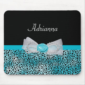 Cute Turquoise Cheetah Print Frilly Bow and Name Mouse Pad