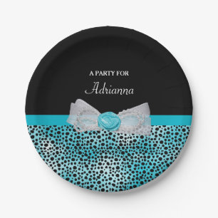 Cute Turquoise Cheetah Print Frilly Bow Party Name Paper Plate