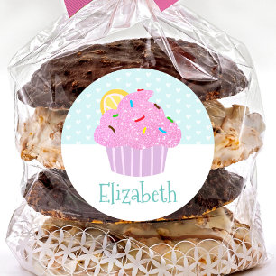 Cute turquoise cupcake sweet modern name school classic round sticker