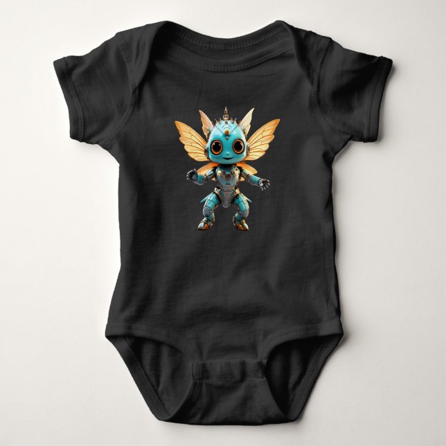 Cute Turquoise Dancing Robot Pixie Baby Bodysuit (Front)