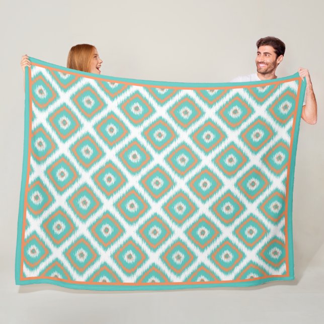 Cute Turquoise Diamond Squares Ikat Mosaic Pattern Fleece Blanket (In Situ)