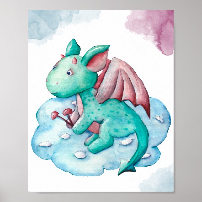 Cute Turquoise Dragon On a Cloud Display Poster (Front)