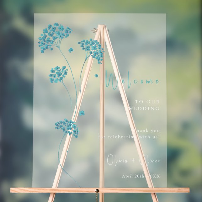 Cute Turquoise Flowers Wedding Welcome Acrylic Sign (Neutral)