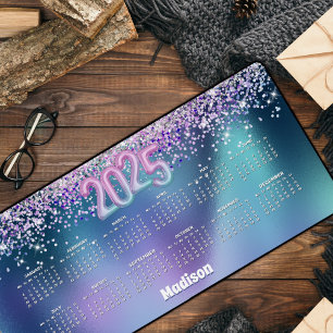 Cute turquoise glitter monogram 2025 calendar desk mat