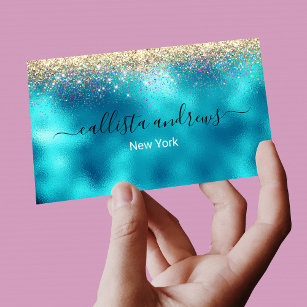 Cute turquoise gold faux glitter business card