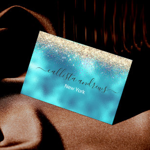 Cute turquoise gold faux glitter magnetic business card