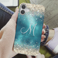 Cute turquoise gold faux glitter monogram Case-Mat