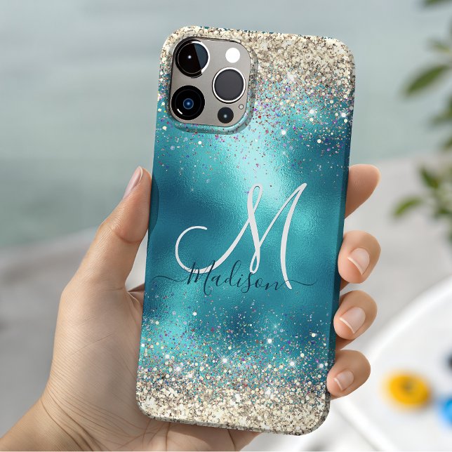 Cute turquoise gold faux glitter monogram Case-Mate iPhone case (Creator Uploaded)