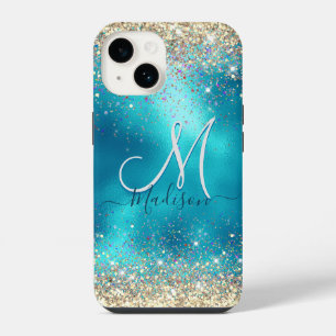 Cute turquoise gold faux glitter monogram iPhone 14 case