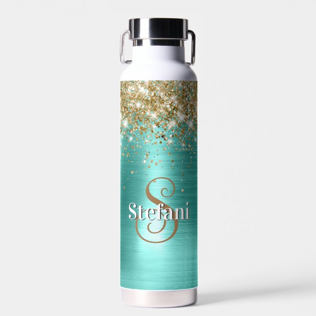 Cute Turquoise Gold Faux Glitter Monogram Water Bottle (Front)