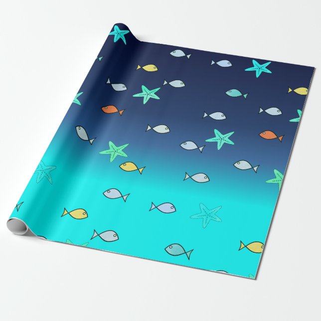 Cute Turquoise Green Blue Starfish Fish Wrapping Paper (Unrolled)