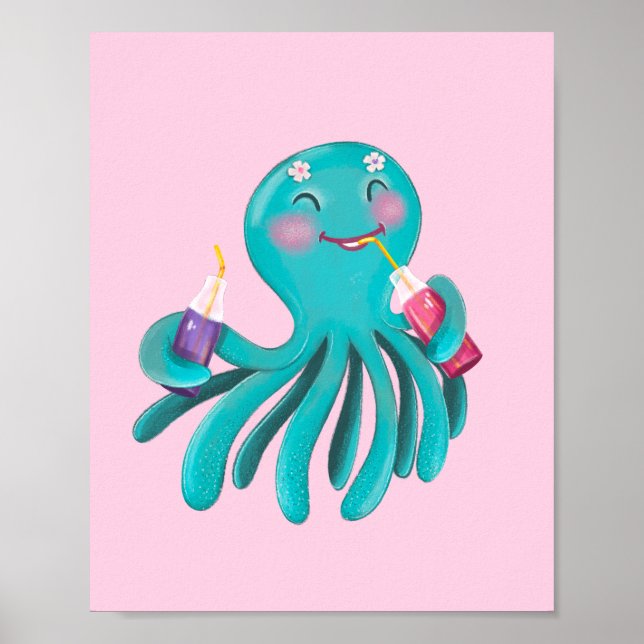 Cute Turquoise Octopus Drinking Juice Graphic  Poster (Front)