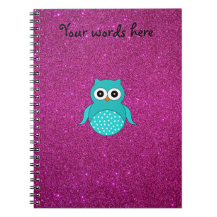 Cute turquoise owl pink glitter spiral notebook