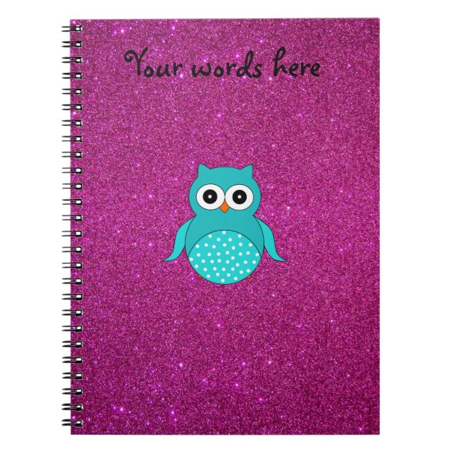 Cute turquoise owl pink glitter spiral notebook (Front)