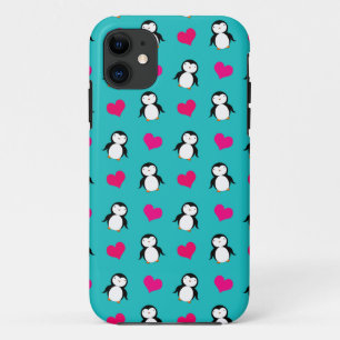 Cute turquoise penguin hearts pattern Case-Mate iPhone case
