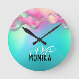 Cute Turquoise Pink Rainbow Dripping Galaxy  Round Clock