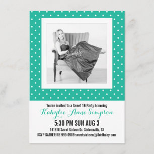Cute Turquoise Polkadots Photo Sweet 16 Party Invitation