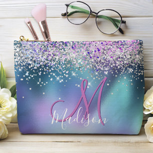 Cute turquoise purple faux glitter monogram accessory pouch