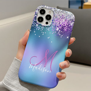 Cute turquoise purple faux glitter monogram Case-Mate iPhone case