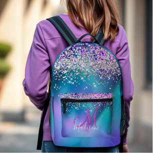 Cute turquoise purple faux glitter monogram printed backpack