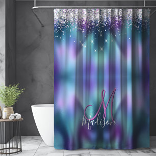 Cute turquoise purple faux glitter monogram shower curtain