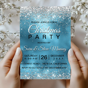 Cute turquoise silver faux glitter Christmas Invitation