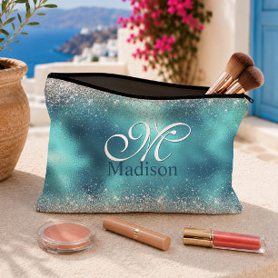 Cute turquoise silver faux glitter monogram accessory pouch