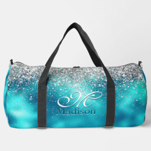 Cute turquoise silver faux glitter monogram duffle bag