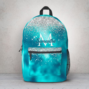 Cute turquoise silver faux glitter monogram printed backpack