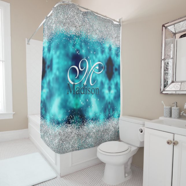 Cute turquoise silver faux glitter monogram shower curtain (In Situ)
